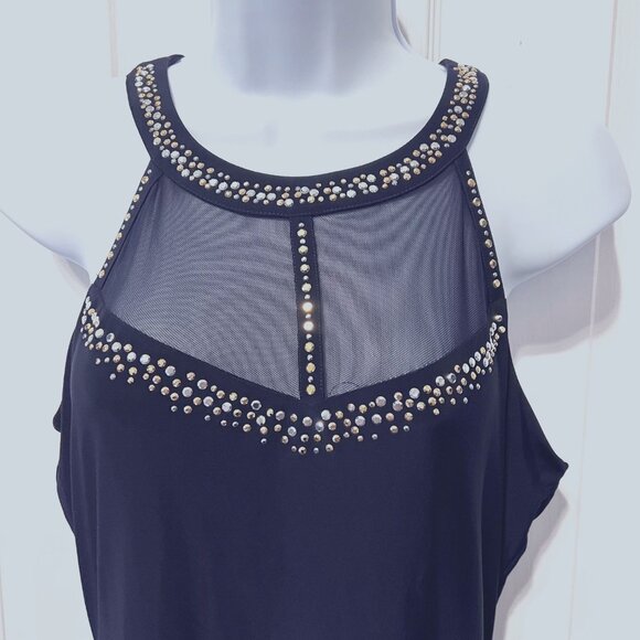 Cache-NWT-Navy Mesh/Gold/Silver Beaded Sleeveless Top-Sz. Medium-Fancy-Built Bra - Picture 4 of 13